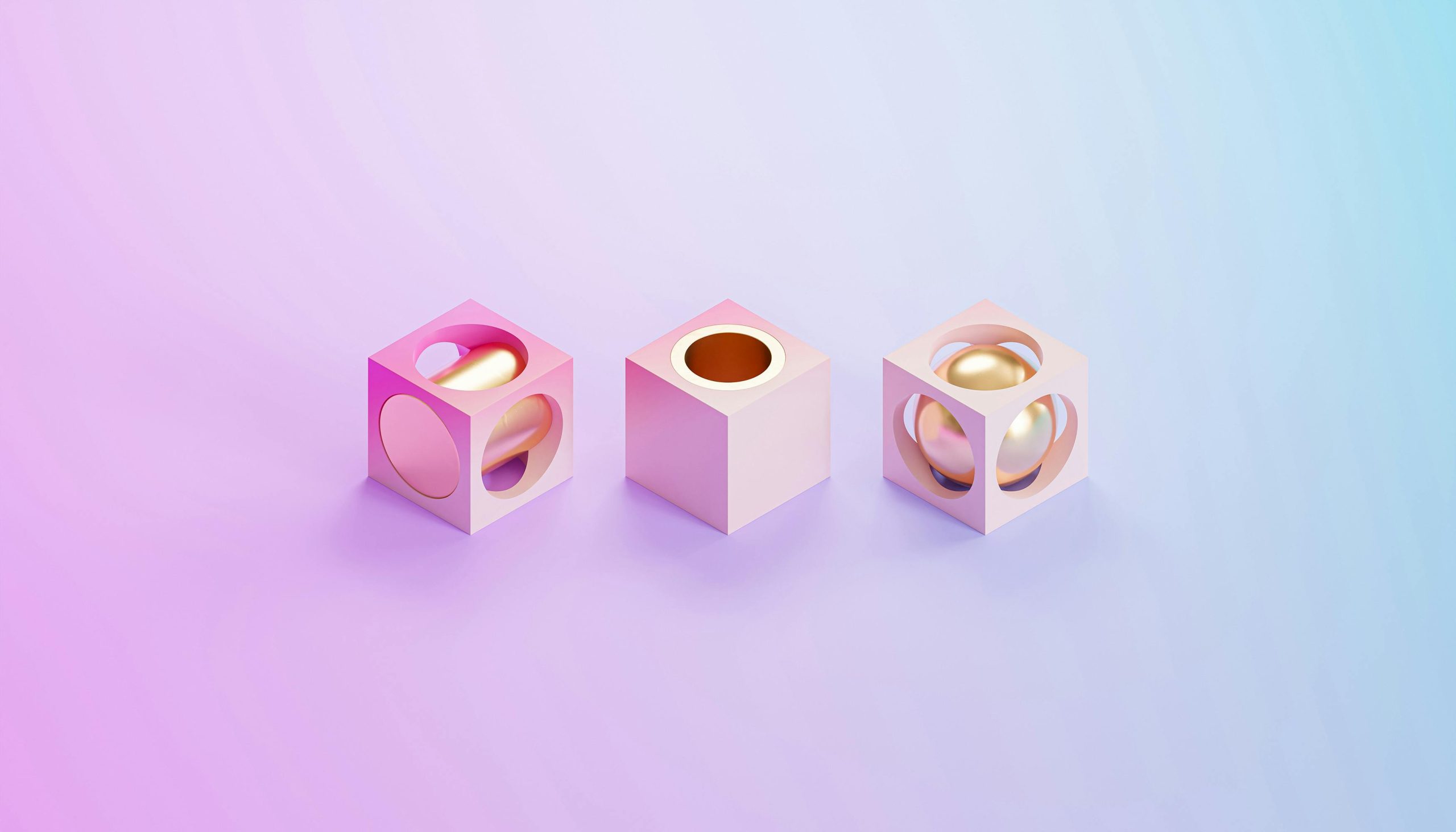 Abstract 3D render of pastel cubes containing metallic spheres on a soft gradient background.